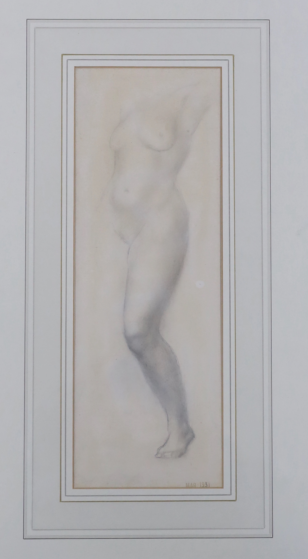 John Frye Bourne (1912-1991), pencil sketch, Nude study, unsigned, stamped Mar 1931, details verso, 33 x 11cm
